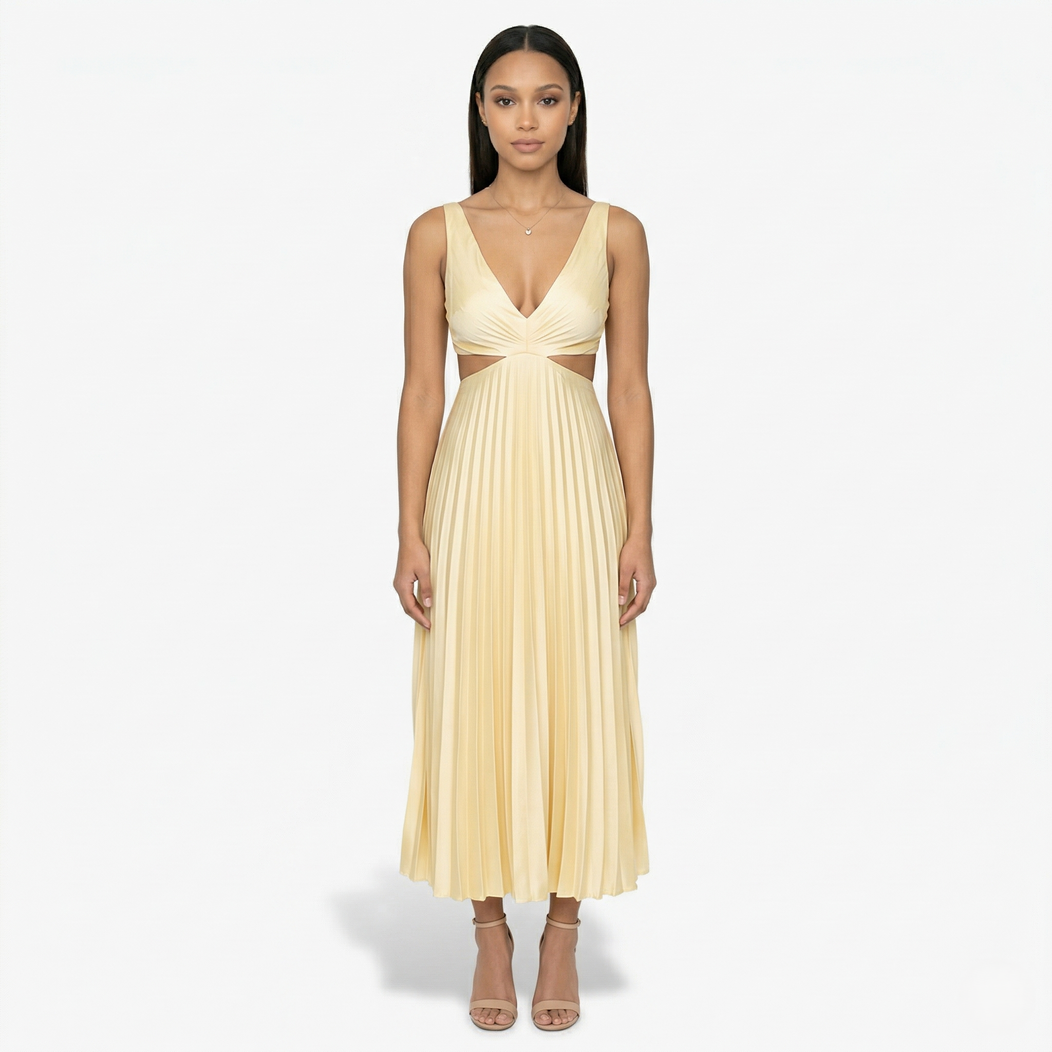 Oldevaine | Pleated Midi Dress V Neck Sleeveless Cut Out Waist