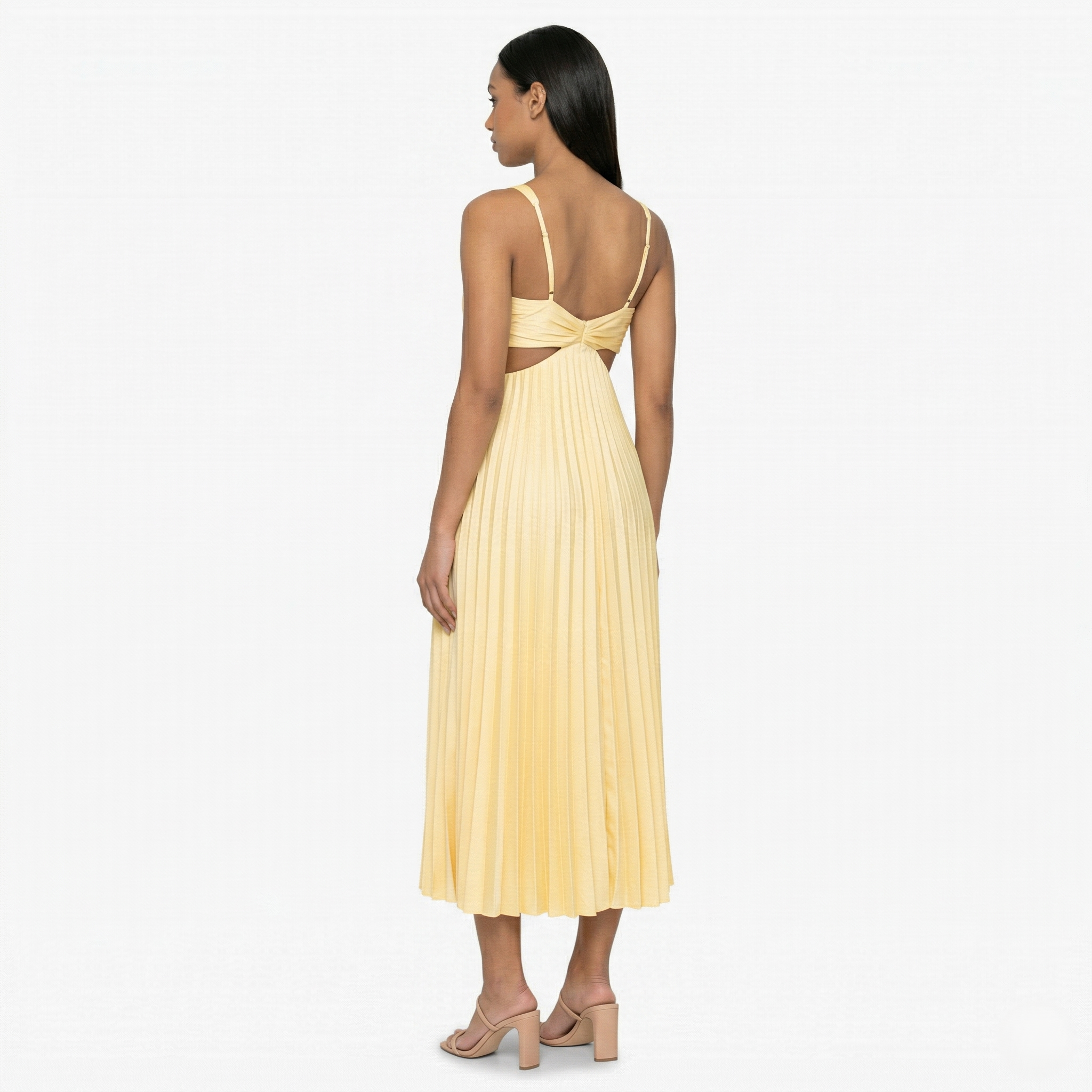 Oldevaine | Pleated Midi Dress V Neck Sleeveless Cut Out Waist