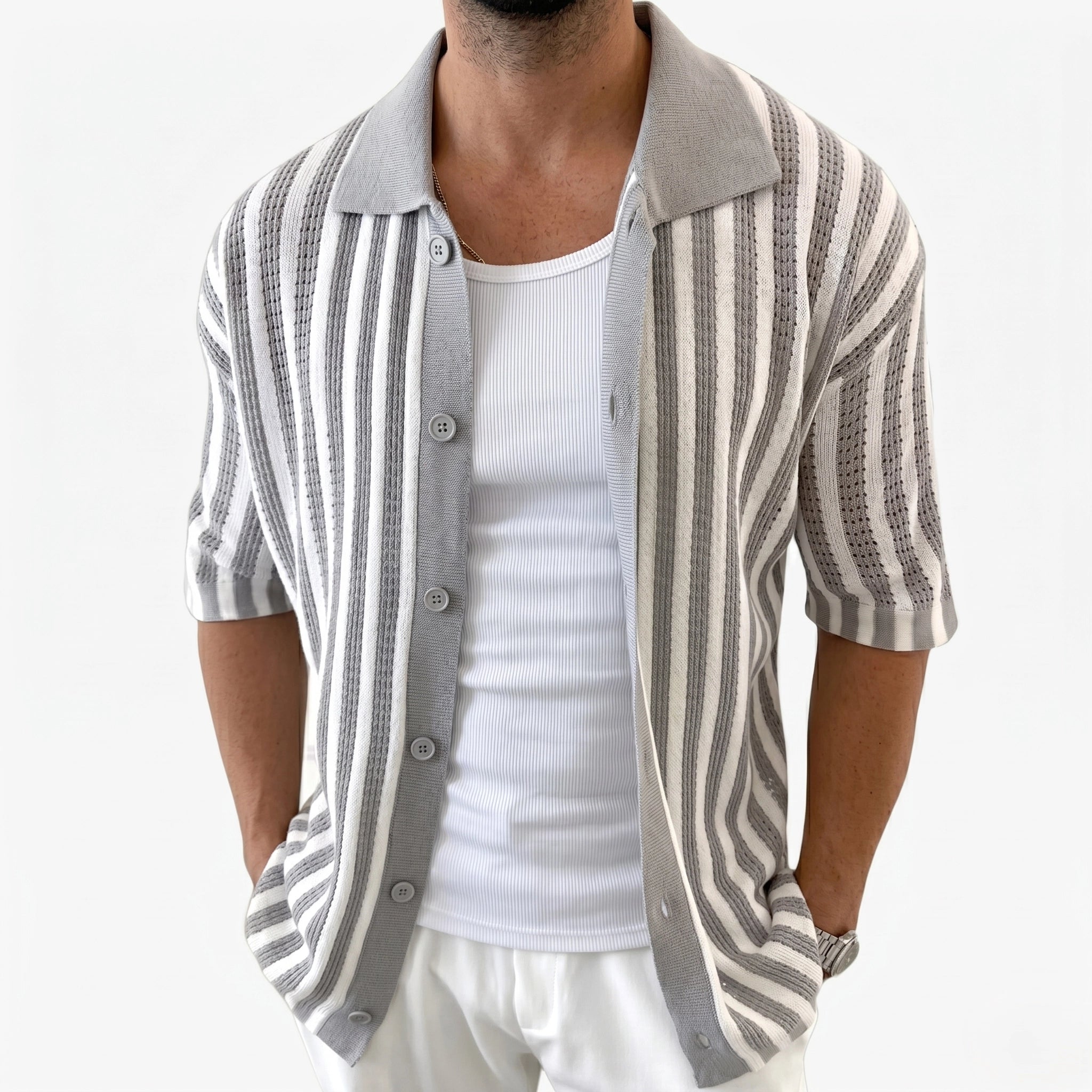 Oldevaine | Men's Cotton Striped Polo Shirt Knitted - optimize
