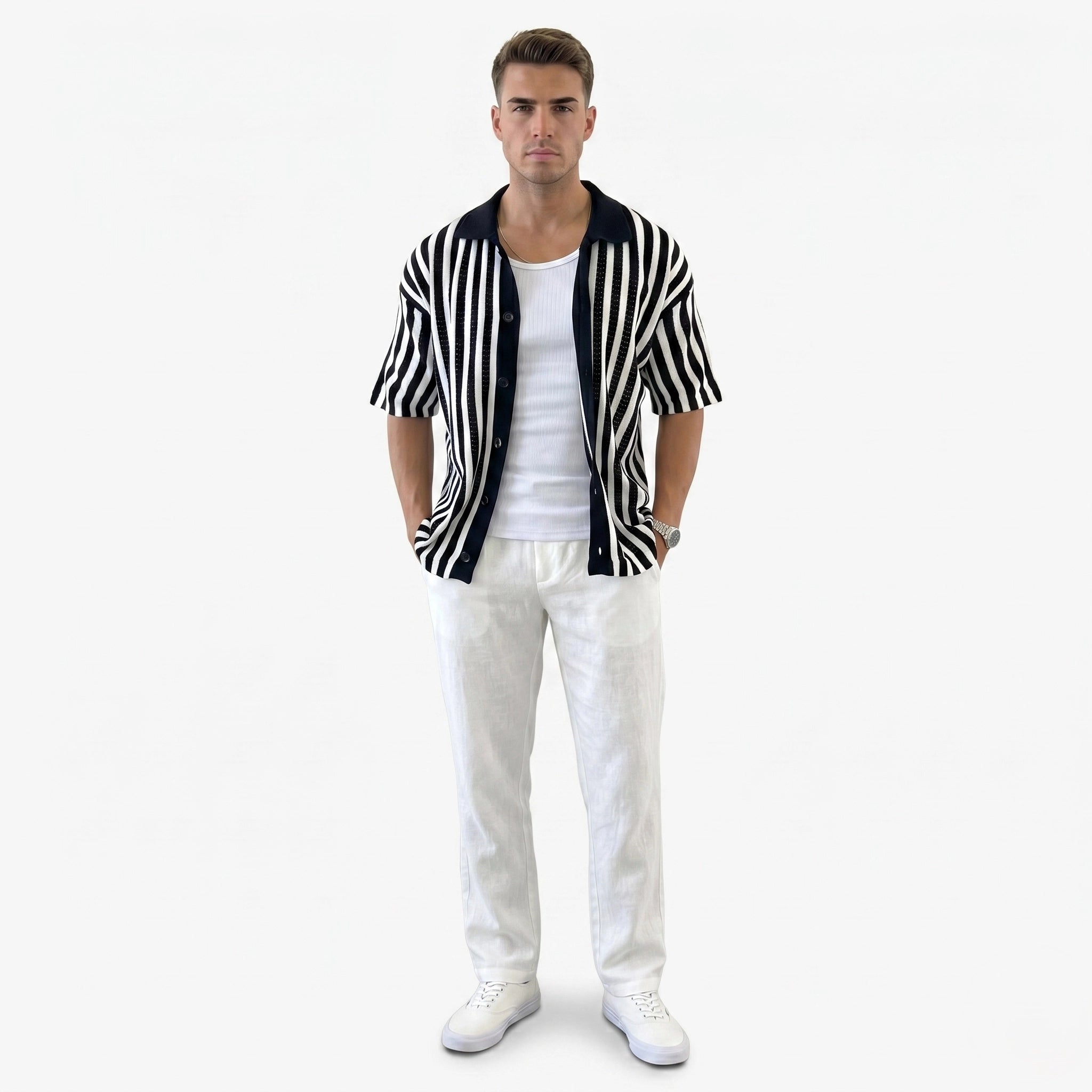 Oldevaine | Men's Cotton Striped Polo Shirt Knitted - optimize