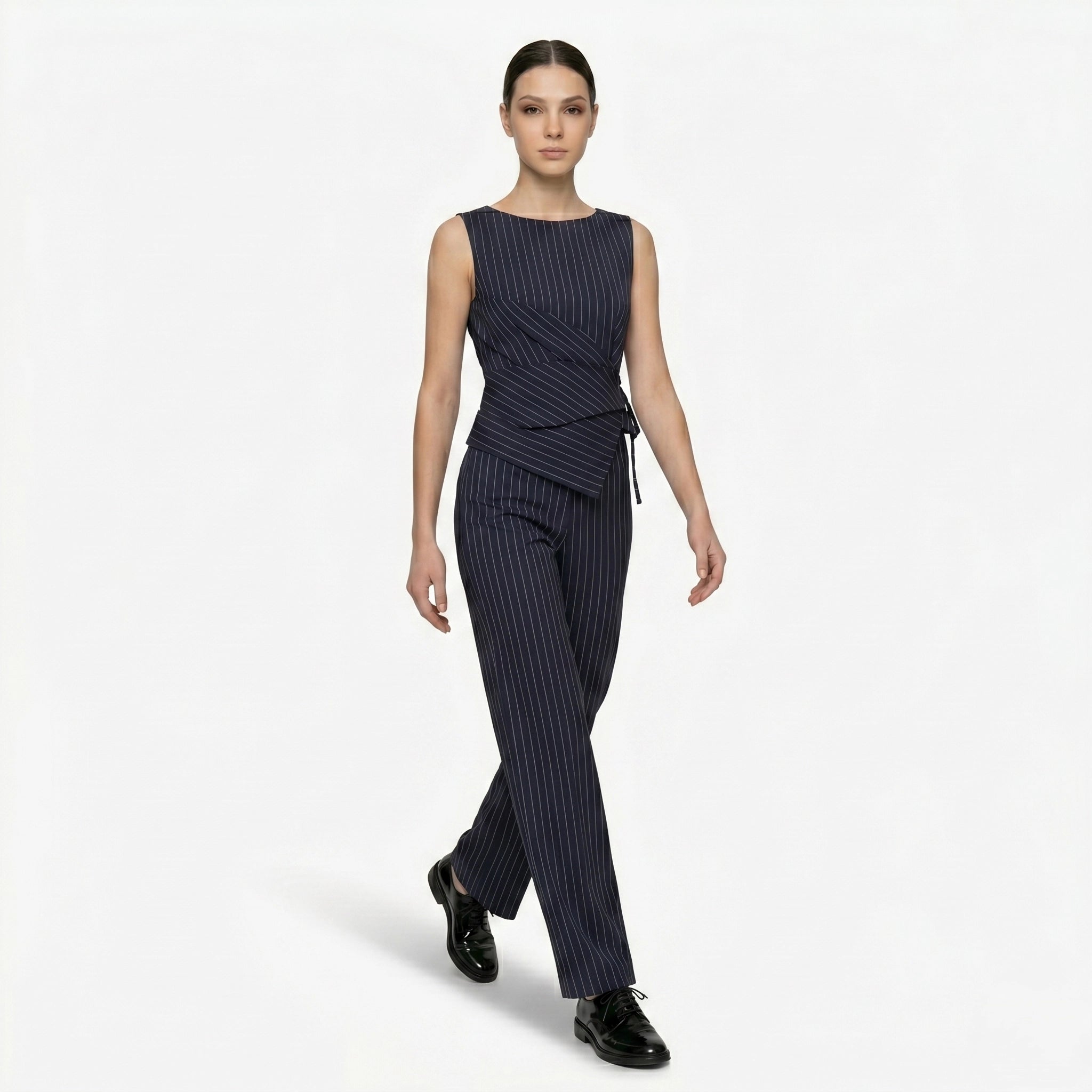 Oldevaine | Women's Pinstripe Two Piece Set Wide Leg Trousers and Top - optimize
