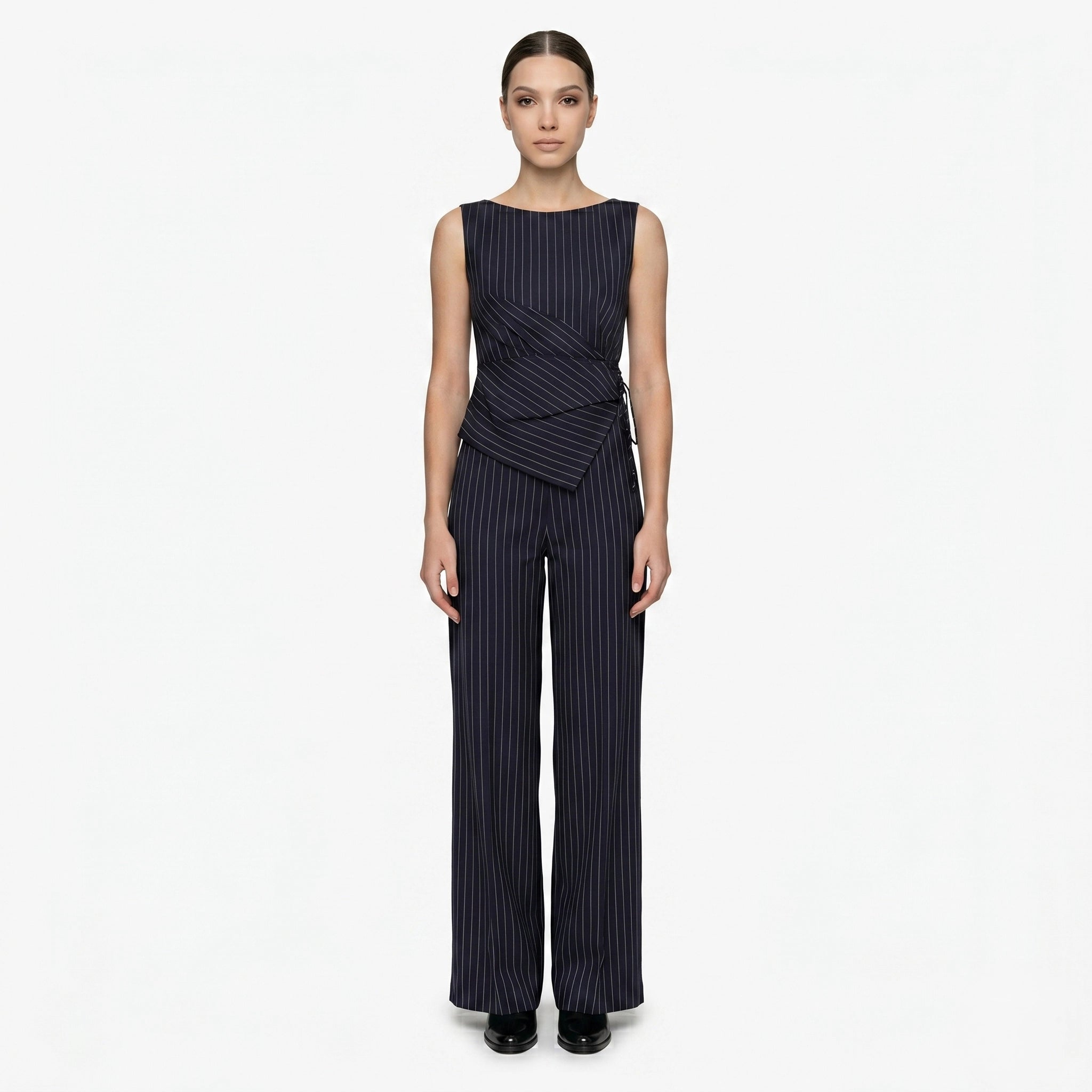 Oldevaine | Women's Pinstripe Two Piece Set Wide Leg Trousers and Top - optimize