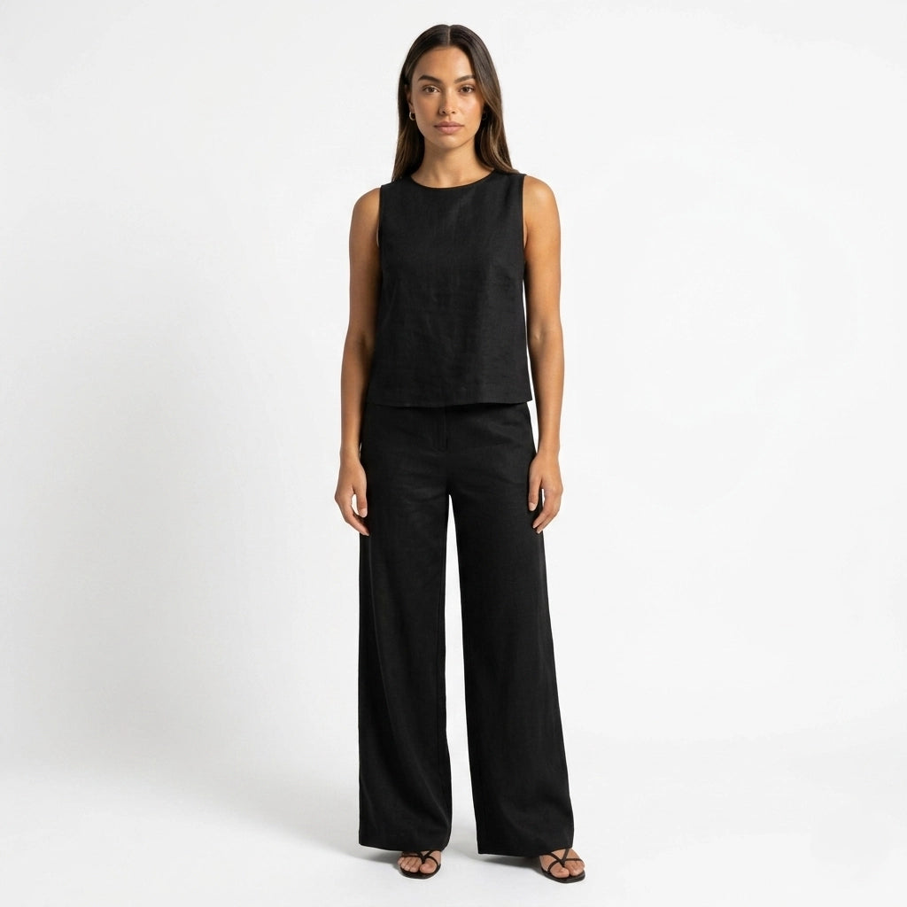 Oldevaine | Two Piece Classic Sleeveless Round Neck Wide Leg Trousers Set - optimize