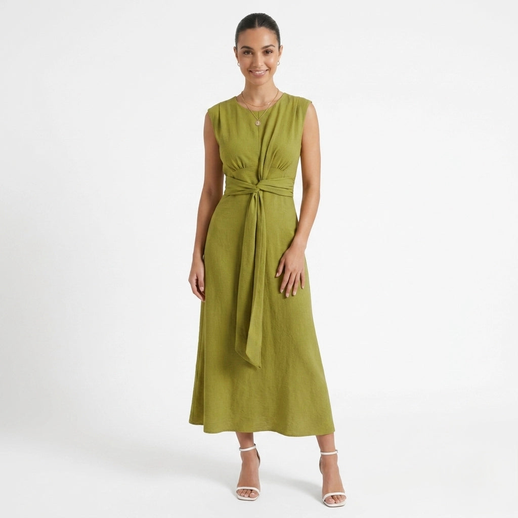 Oldevaine | Women's Sleeveless Tie Waist Midi Dress - optimize