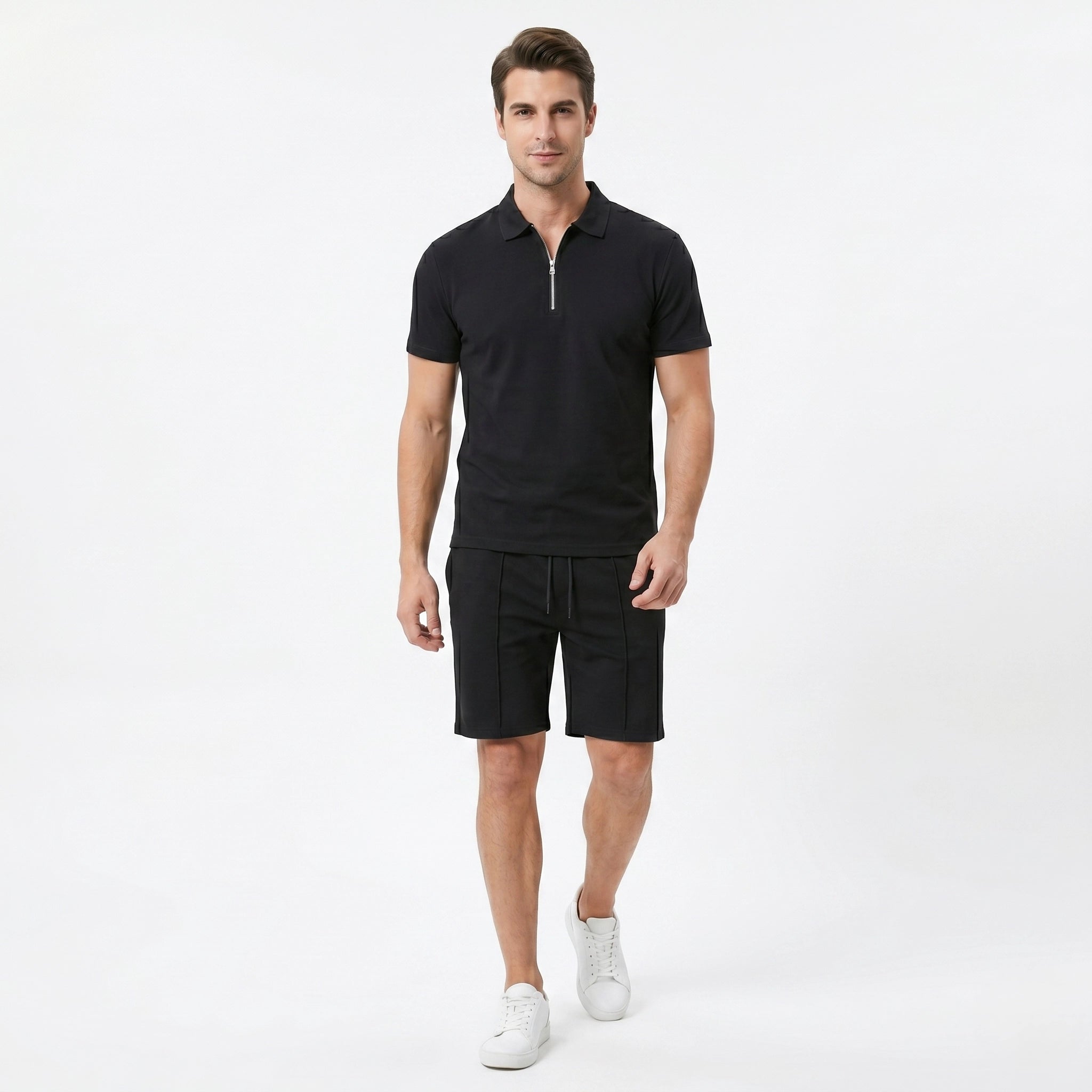 Oldevaine | Two Piece Men's Zip Polo T-Shirt & Drawstring Shorts Set - optimize