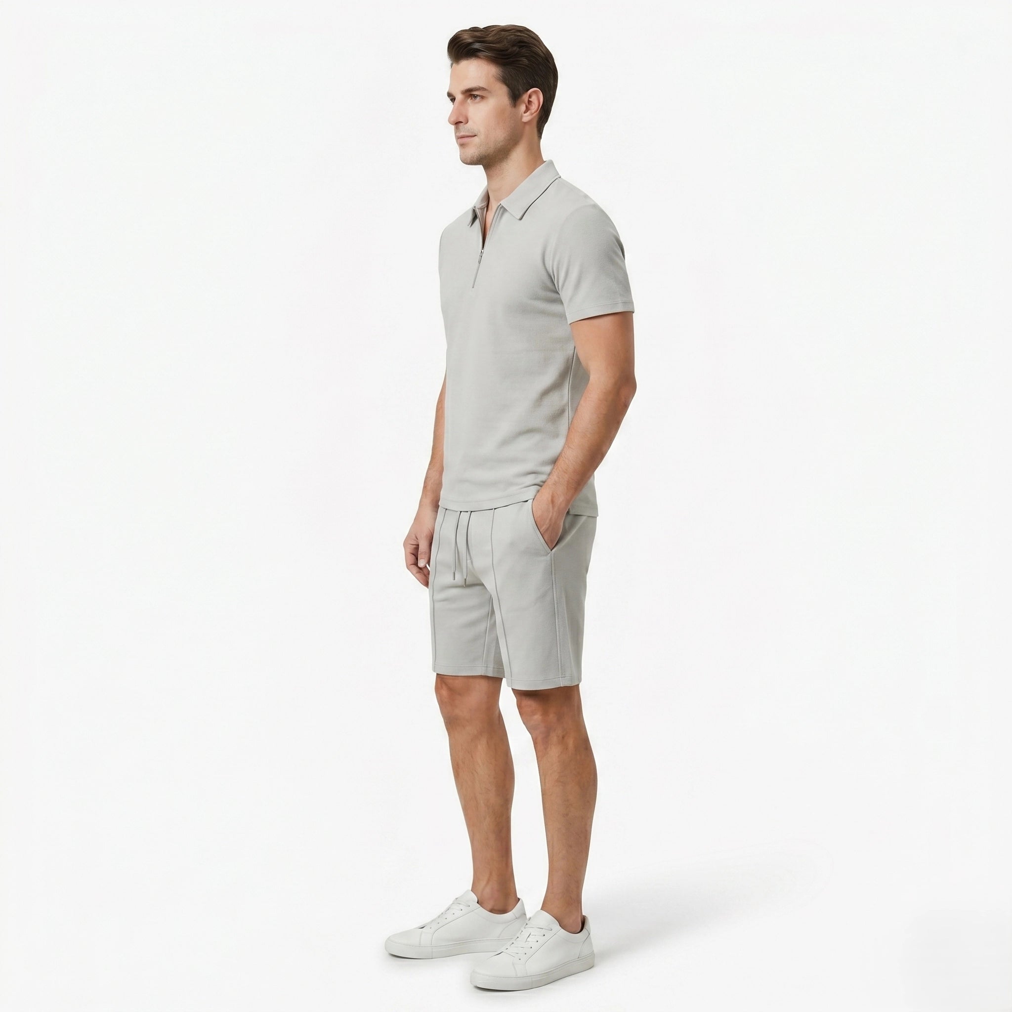 Oldevaine | Two Piece Men's Zip Polo T-Shirt & Drawstring Shorts Set - optimize