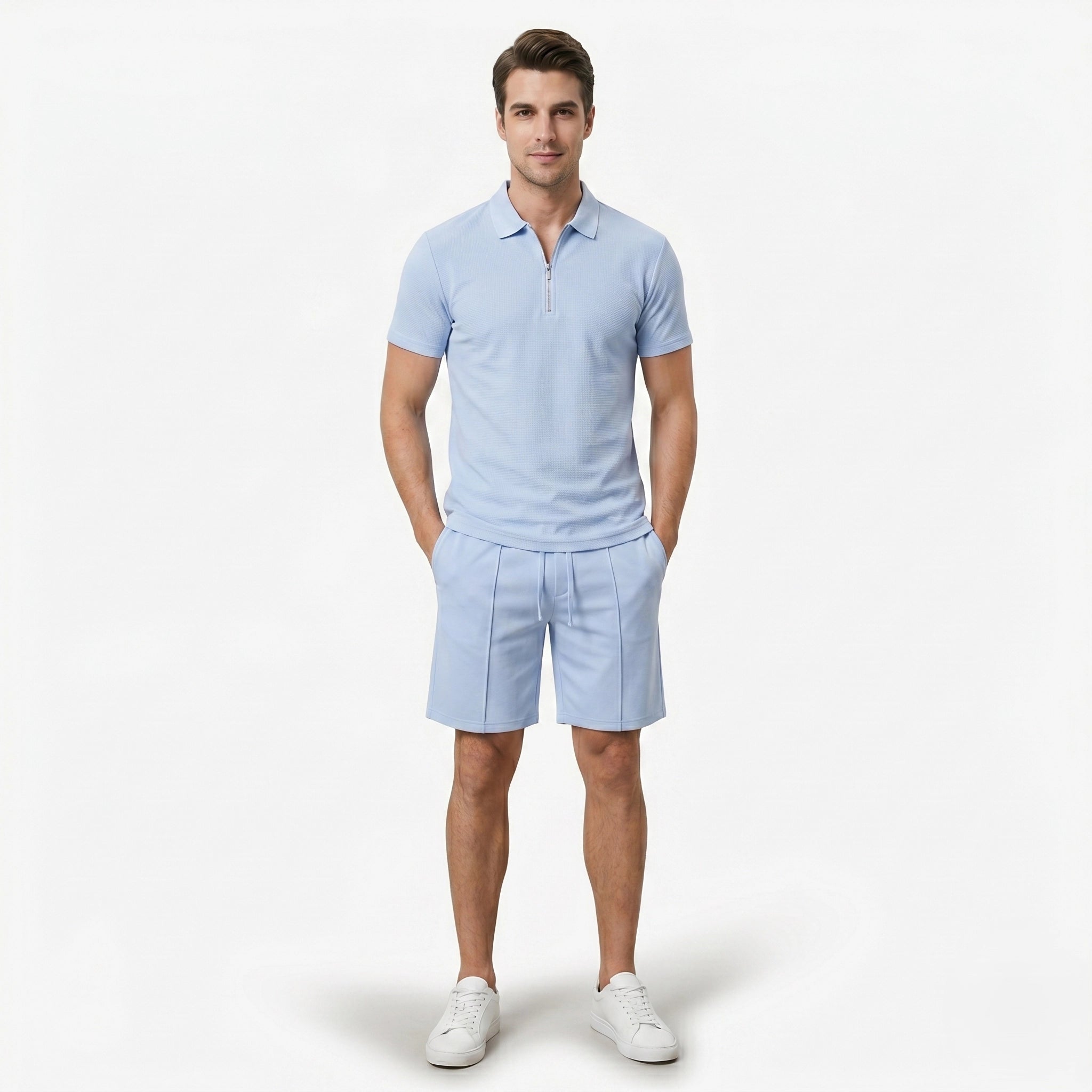 Oldevaine | Two Piece Men's Zip Polo T-Shirt & Drawstring Shorts Set - optimize