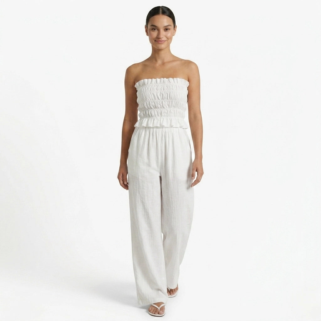 Oldevaine | Two Piece Shirred Bandeau Top and Wide Leg Trousers Set - optimize
