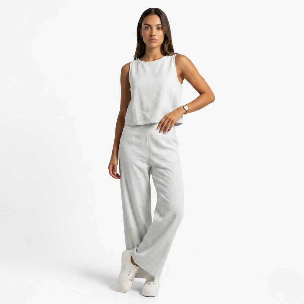 Oldevaine | Two Piece Classic Sleeveless Round Neck Wide Leg Trousers Set - optimize