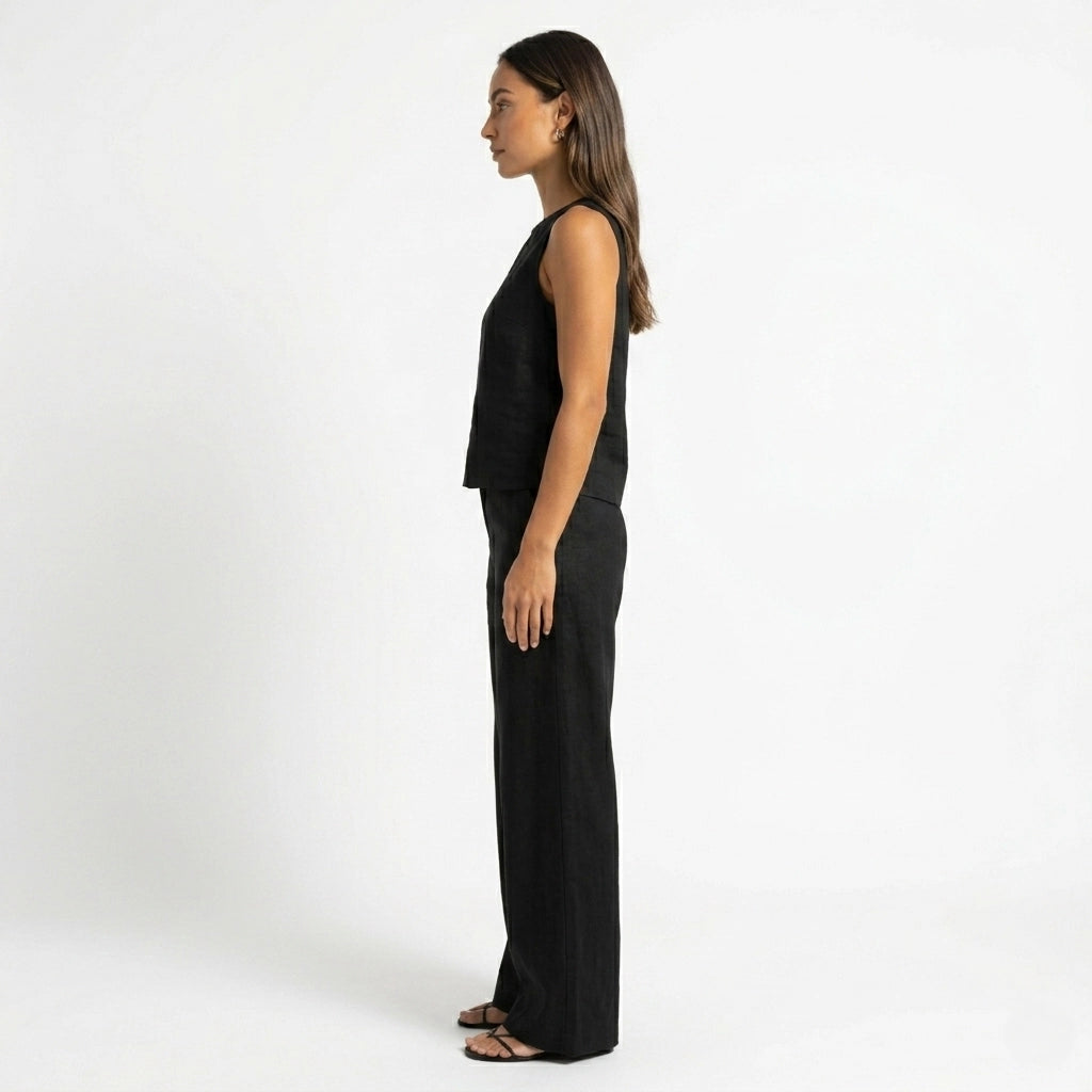 Oldevaine | Two Piece Classic Sleeveless Round Neck Wide Leg Trousers Set - optimize