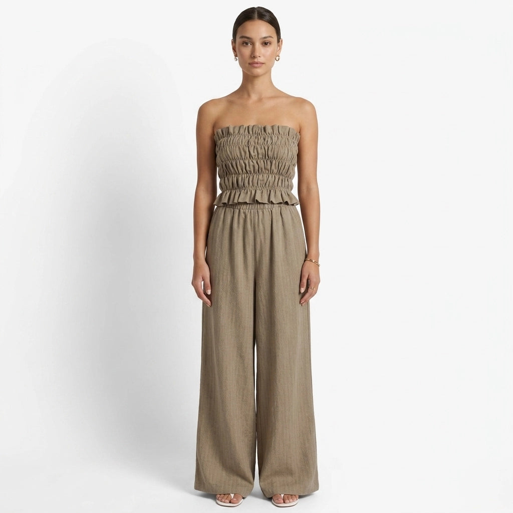 Oldevaine | Two Piece Shirred Bandeau Top and Wide Leg Trousers Set - optimize