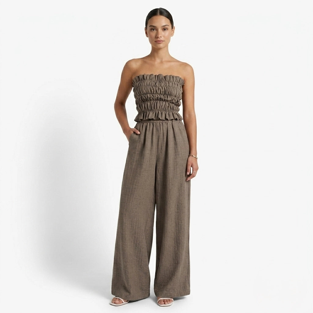 Oldevaine | Two Piece Shirred Bandeau Top and Wide Leg Trousers Set - optimize