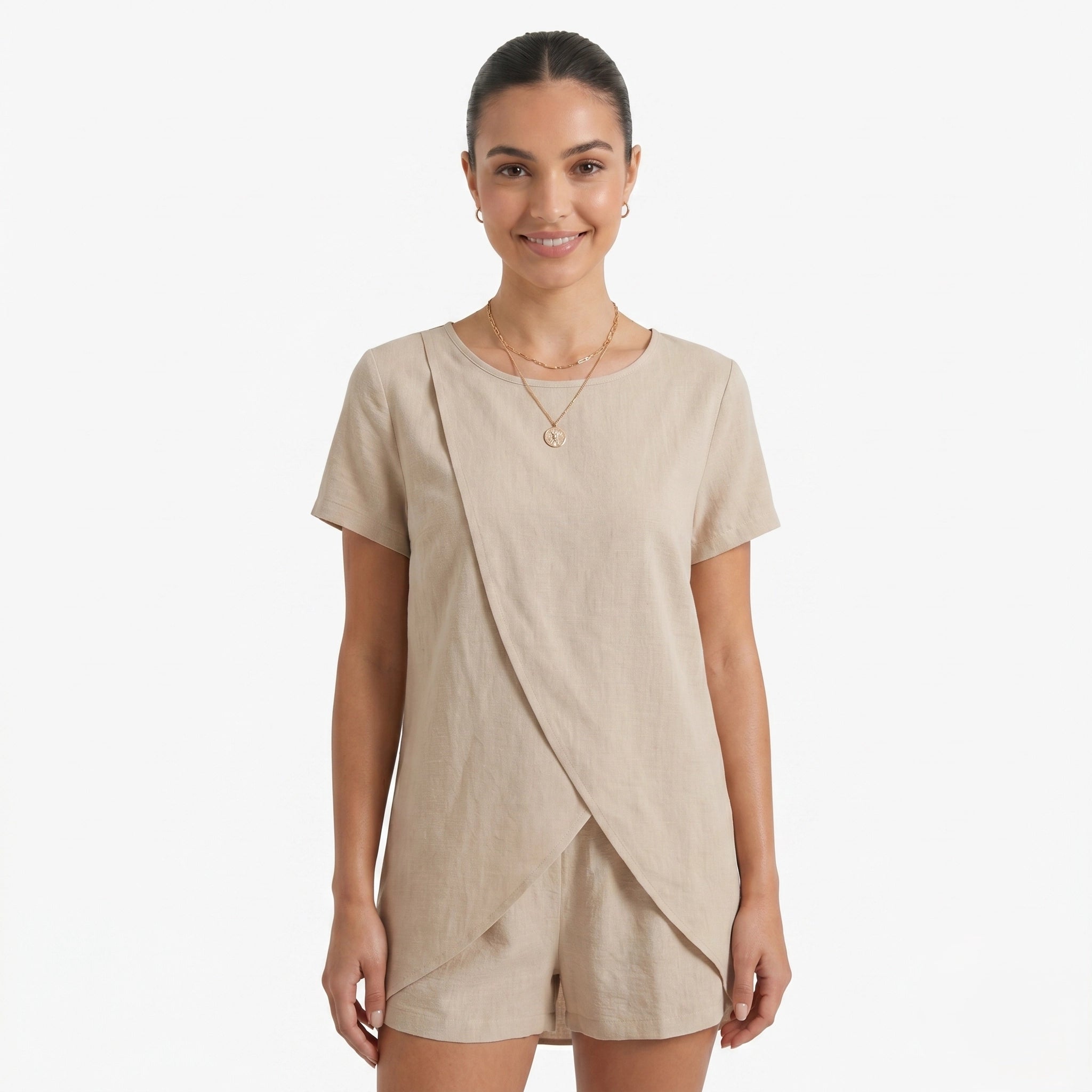 Oldevaine | Two Piece Short Sleeve Layered Top and Shorts Lounge Set - optimize