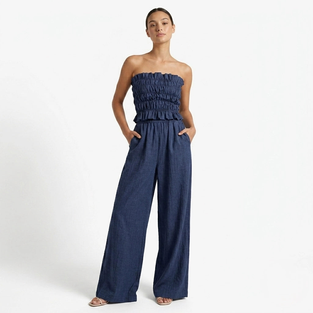 Oldevaine | Two Piece Shirred Bandeau Top and Wide Leg Trousers Set - optimize