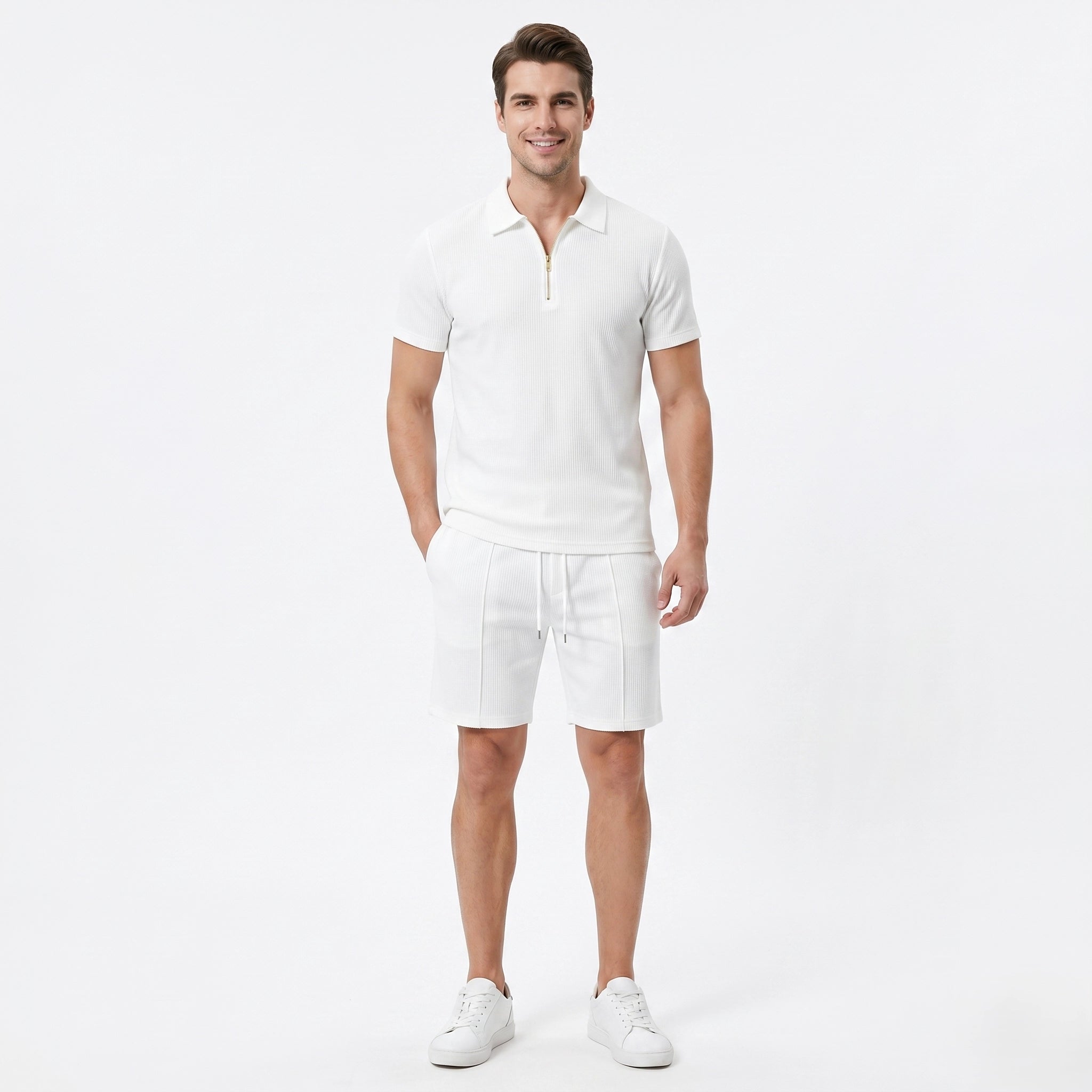 Oldevaine | Two Piece Men's Zip Polo T-Shirt & Drawstring Shorts Set - optimize