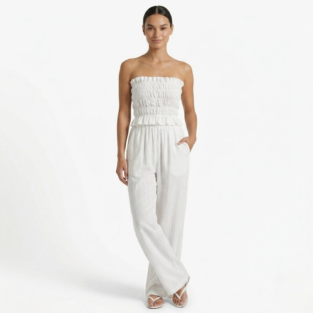 Oldevaine | Two Piece Shirred Bandeau Top and Wide Leg Trousers Set - optimize