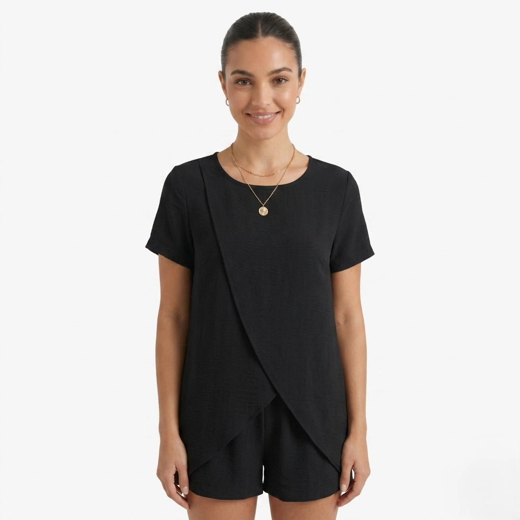 Oldevaine | Two Piece Short Sleeve Layered Top and Shorts Lounge Set - optimize