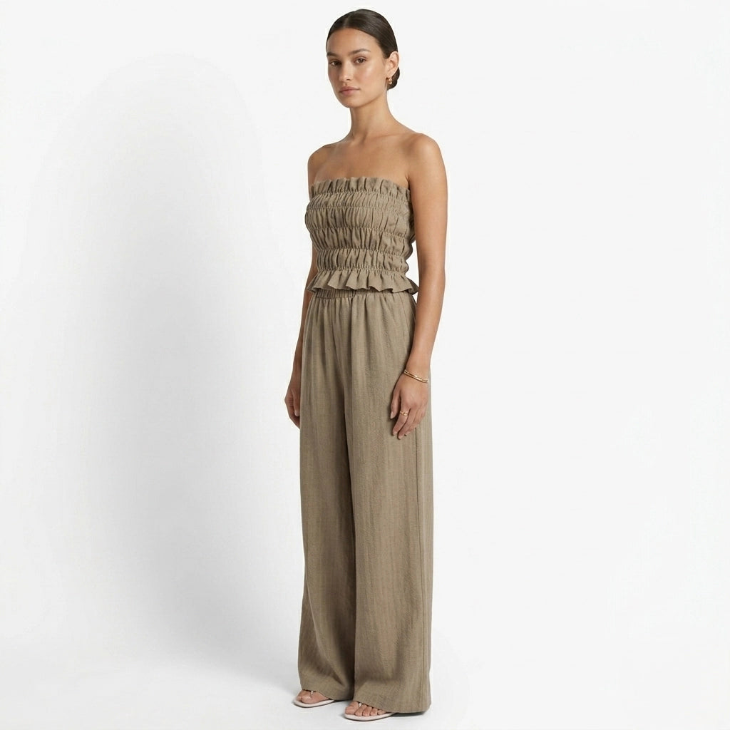 Oldevaine | Two Piece Shirred Bandeau Top and Wide Leg Trousers Set - optimize