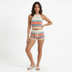 Oldevaine | Two Piece Stripe Knitted Halter Crop Top and Drawstring Shorts Set - optimize