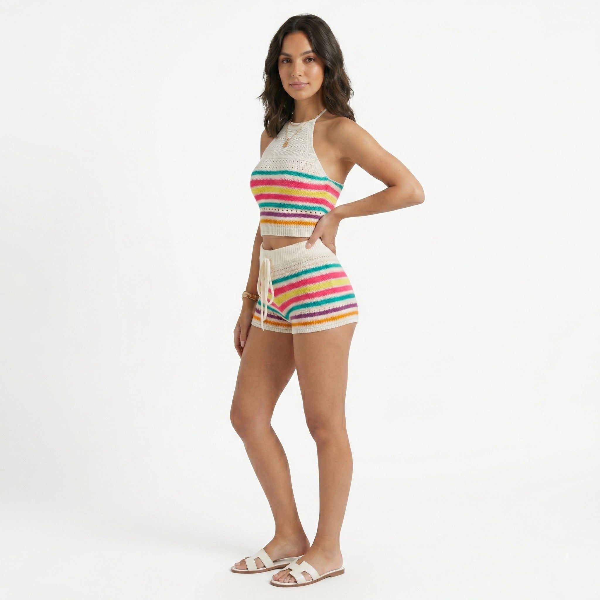 Oldevaine | Two Piece Stripe Knitted Halter Crop Top and Drawstring Shorts Set - optimize