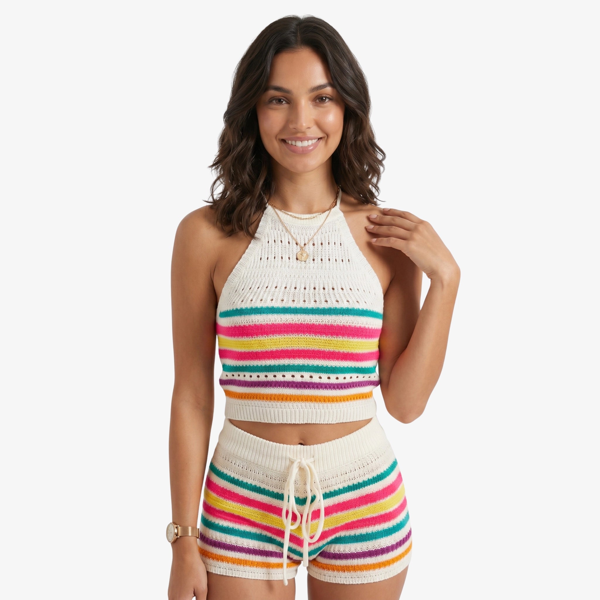 Oldevaine | Two Piece Stripe Knitted Halter Crop Top and Drawstring Shorts Set - optimize