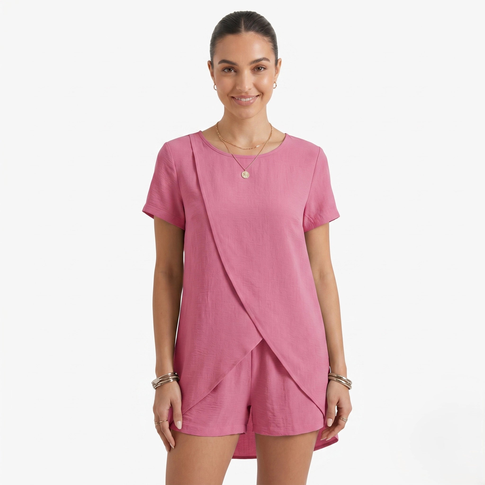 Oldevaine | Two Piece Short Sleeve Layered Top and Shorts Lounge Set - optimize