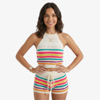 Oldevaine | Two Piece Stripe Knitted Halter Crop Top and Drawstring Shorts Set - optimize