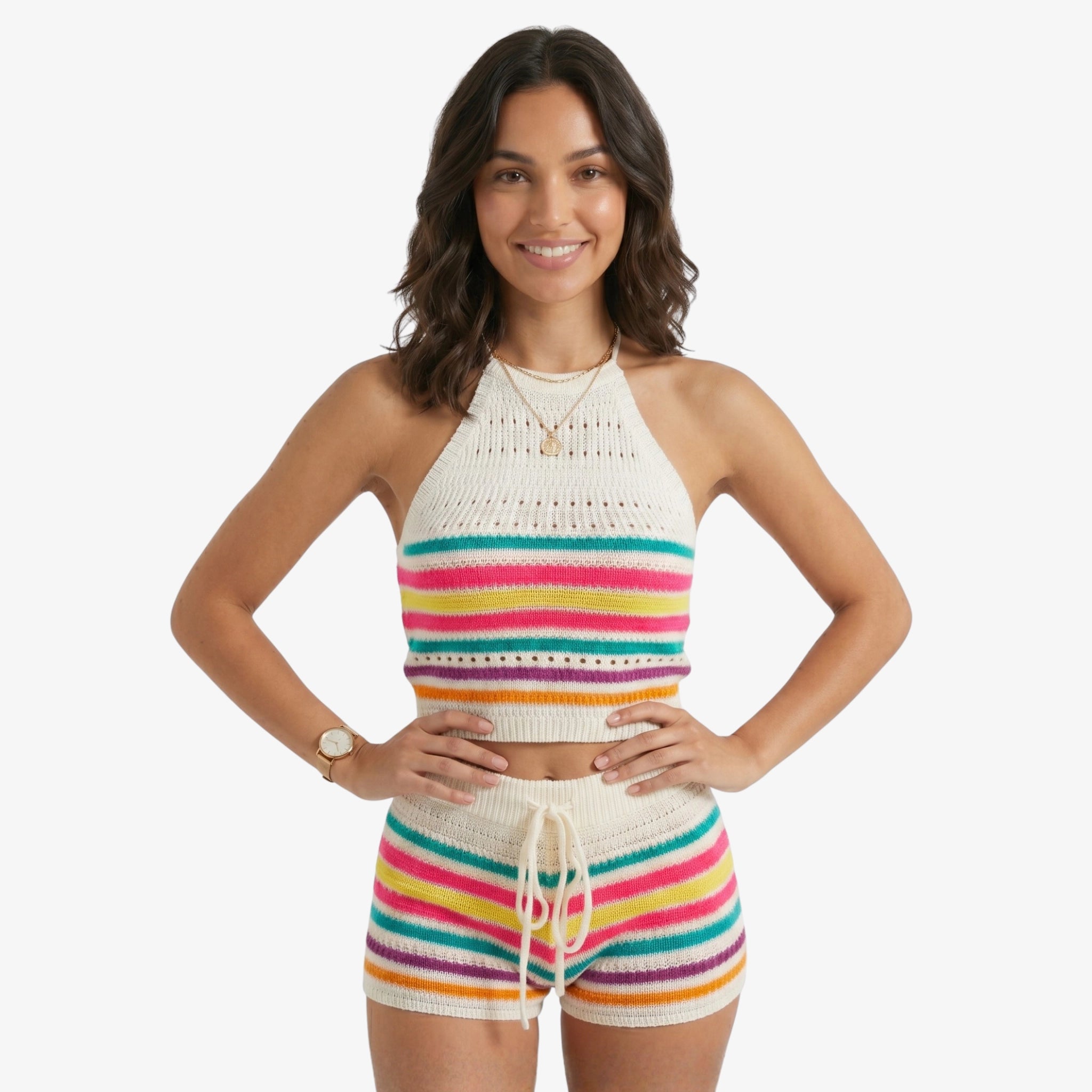 Oldevaine | Two Piece Stripe Knitted Halter Crop Top and Drawstring Shorts Set - optimize