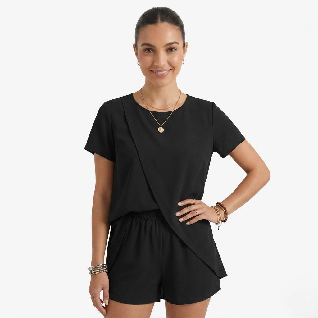 Oldevaine | Two Piece Short Sleeve Layered Top and Shorts Lounge Set - optimize