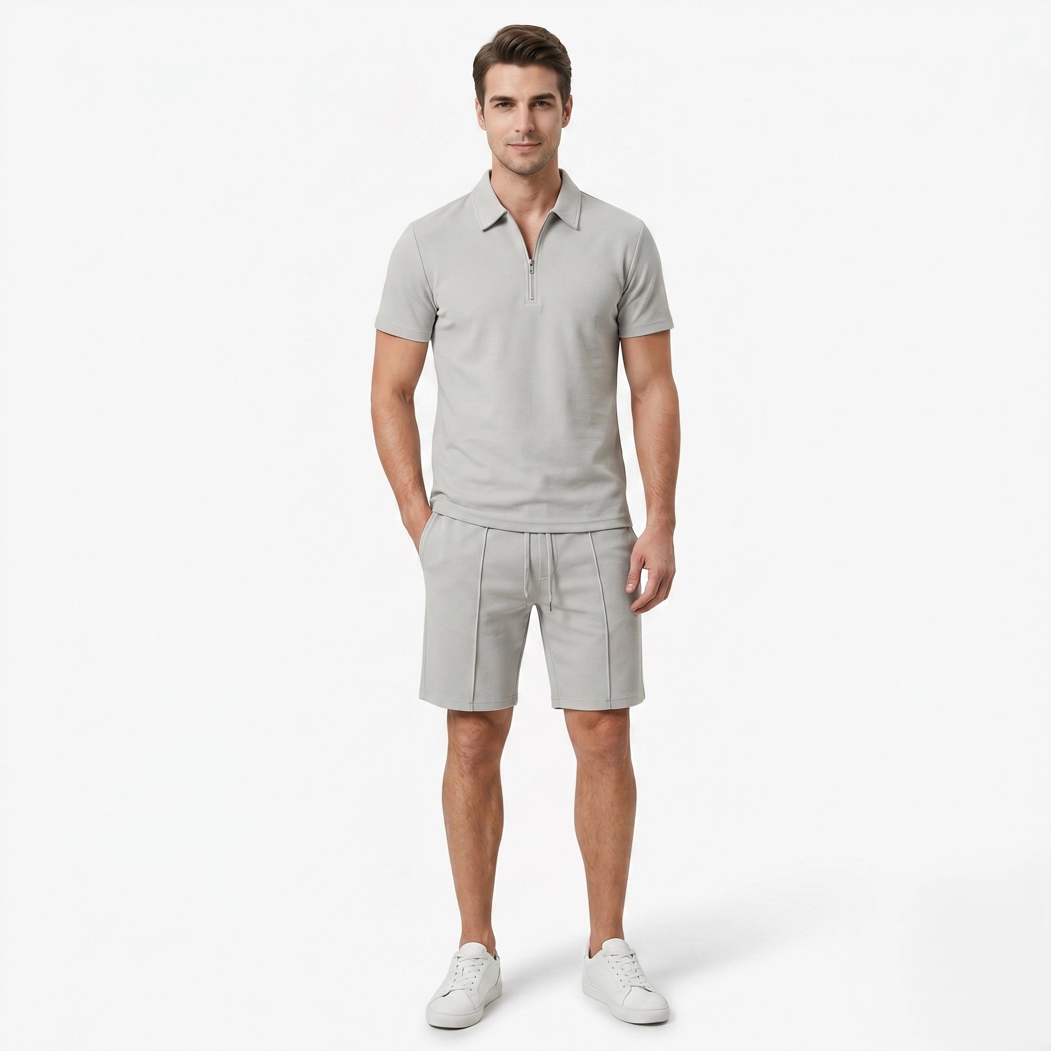 Oldevaine | Two Piece Men's Zip Polo T-Shirt & Drawstring Shorts Set - optimize