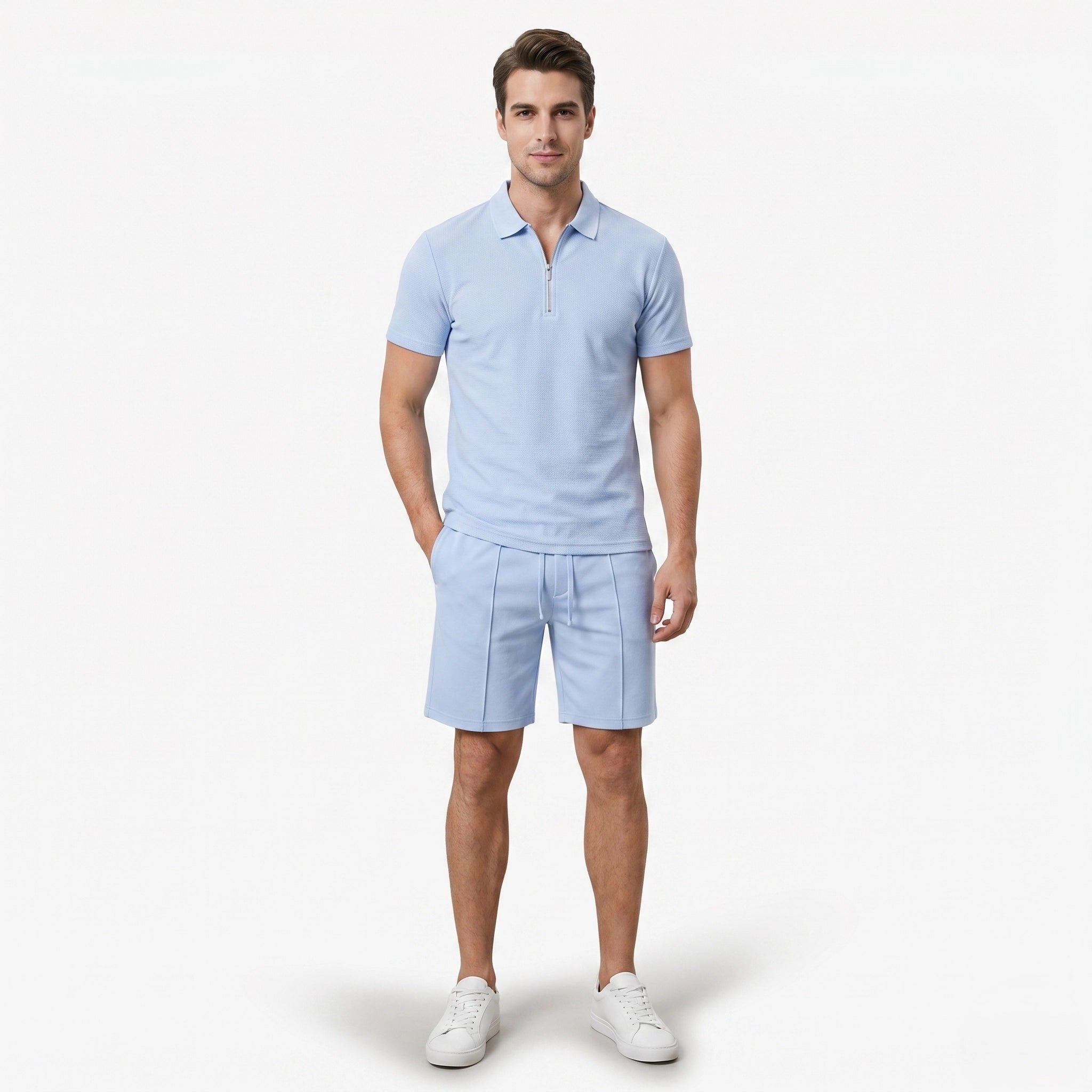 Oldevaine | Two Piece Men's Zip Polo T-Shirt & Drawstring Shorts Set - optimize
