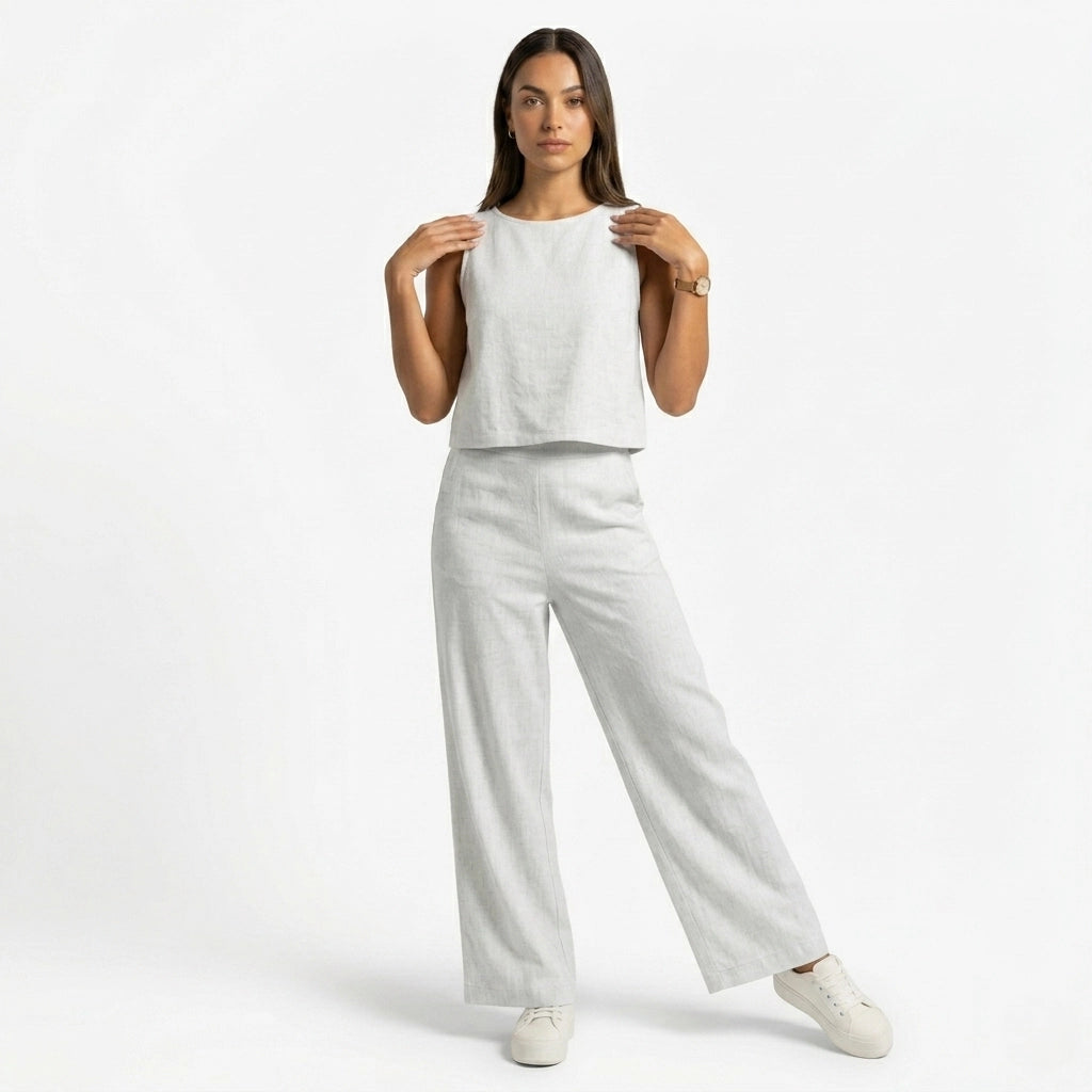 Oldevaine | Two Piece Classic Sleeveless Round Neck Wide Leg Trousers Set - optimize