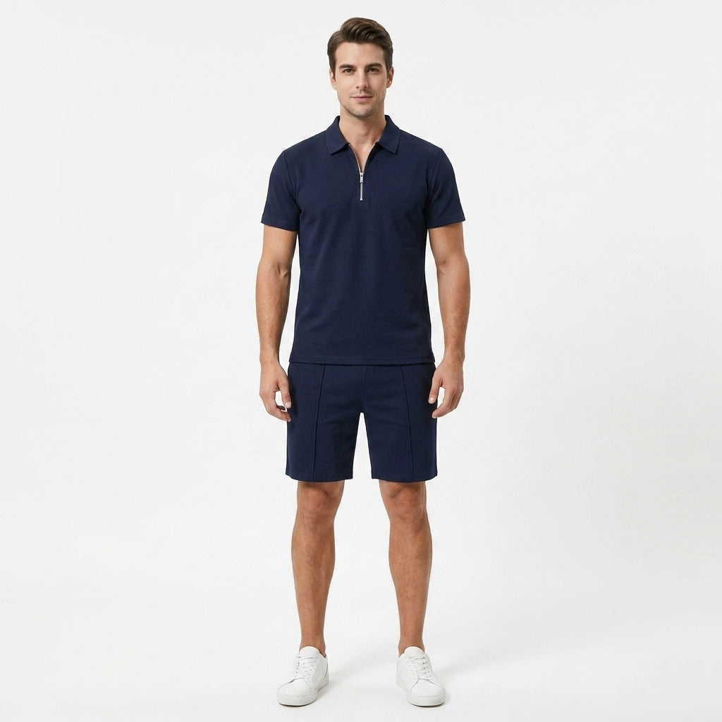 Oldevaine | Two Piece Men's Zip Polo T-Shirt & Drawstring Shorts Set - optimize