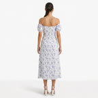 Oldevaine | Women's Floral Print Off Shoulder Midi Dress with Side Split - optimize