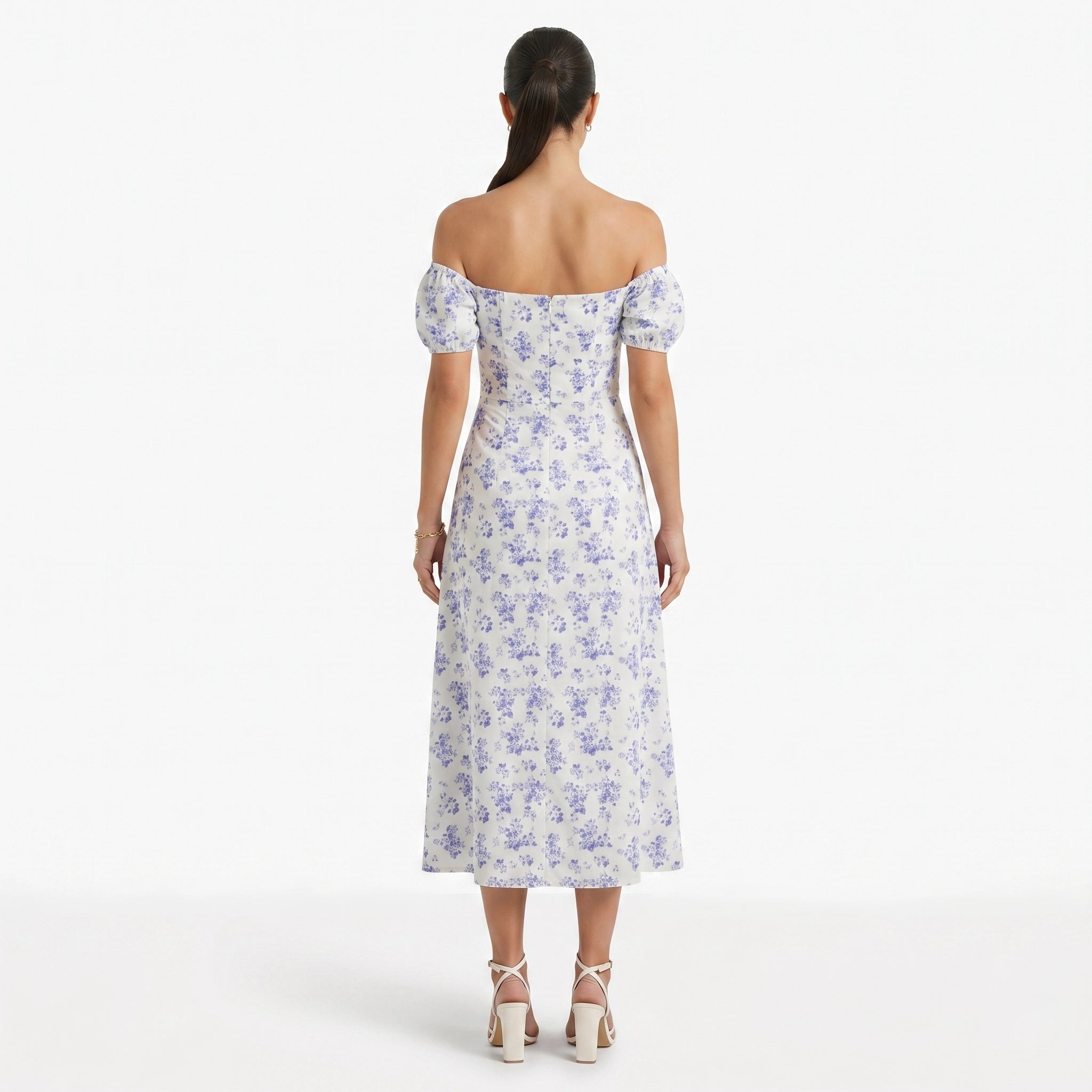 Oldevaine | Women's Floral Print Off Shoulder Midi Dress with Side Split - optimize