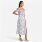 Oldevaine | Women's Floral Print Off Shoulder Midi Dress with Side Split - optimize