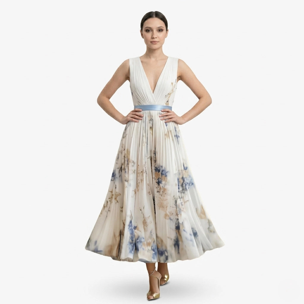 Oldevaine | Pleated Midi Dress V-Neck Sleeveless Floral Print A-Line - optimize