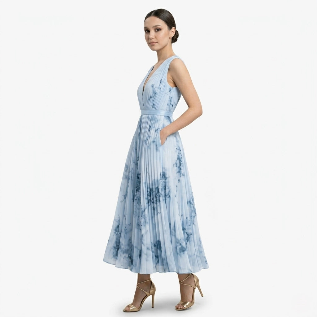 Oldevaine | Pleated Midi Dress V-Neck Sleeveless Floral Print A-Line - optimize