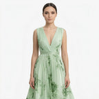 Oldevaine | Pleated Midi Dress V-Neck Sleeveless Floral Print A-Line - optimize