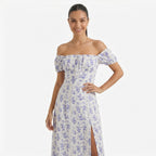 Oldevaine | Women's Floral Print Off Shoulder Midi Dress with Side Split - optimize