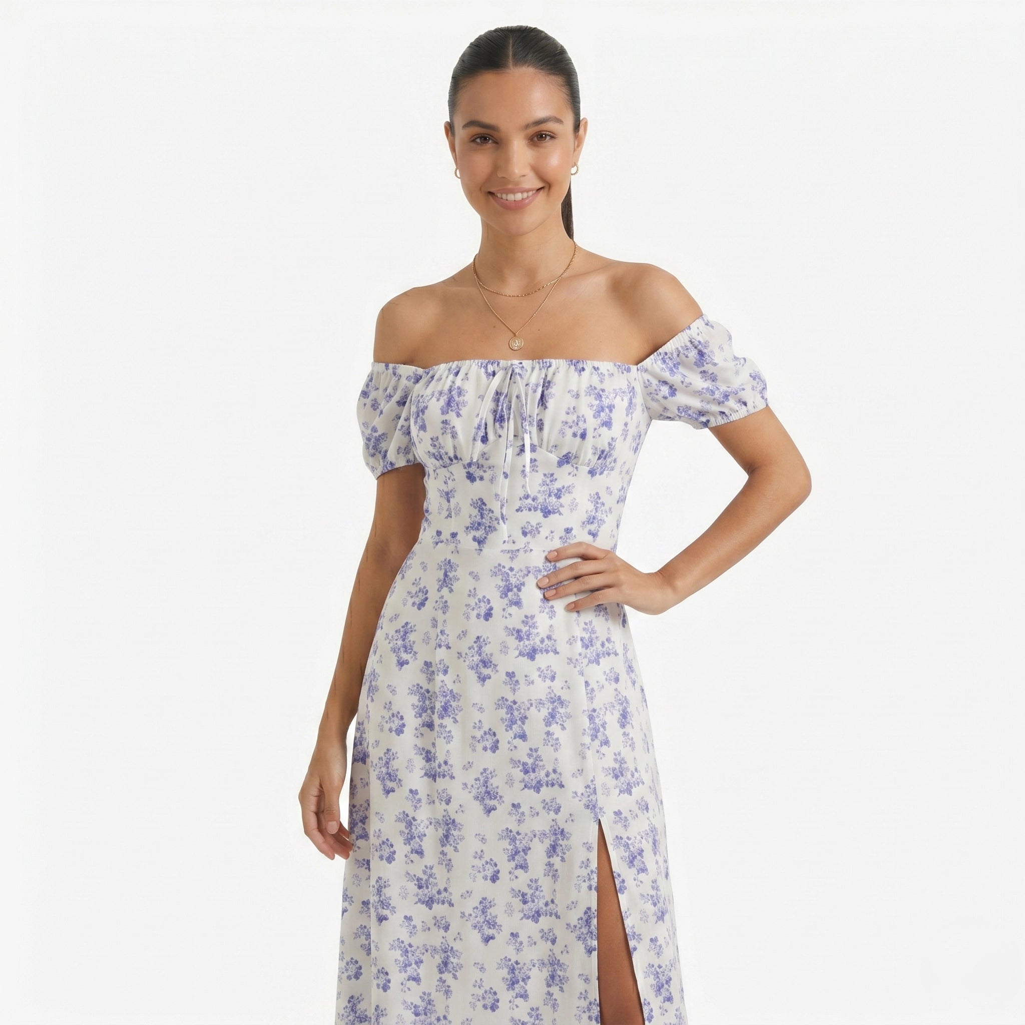 Oldevaine | Women's Floral Print Off Shoulder Midi Dress with Side Split - optimize