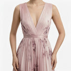 Oldevaine | Pleated Midi Dress V-Neck Sleeveless Floral Print A-Line - optimize