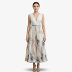Oldevaine | Pleated Midi Dress V-Neck Sleeveless Floral Print A-Line - optimize