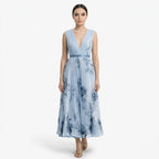 Oldevaine | Pleated Midi Dress V-Neck Sleeveless Floral Print A-Line - optimize
