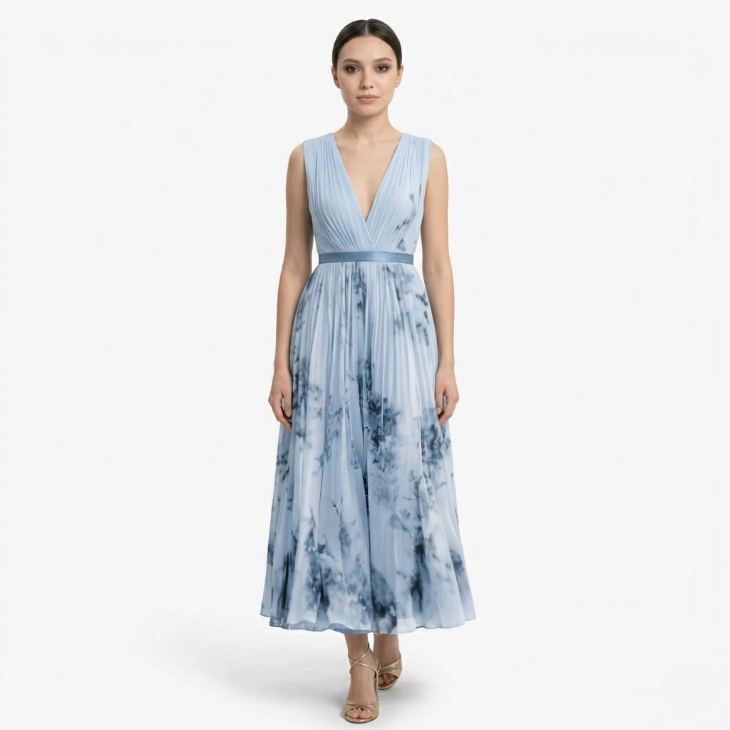 Oldevaine | Pleated Midi Dress V-Neck Sleeveless Floral Print A-Line - optimize