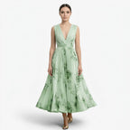 Oldevaine | Pleated Midi Dress V-Neck Sleeveless Floral Print A-Line - optimize