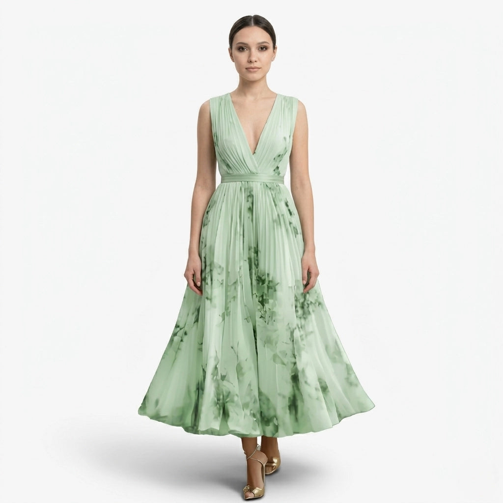Oldevaine | Pleated Midi Dress V-Neck Sleeveless Floral Print A-Line - optimize