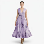Oldevaine | Pleated Midi Dress V-Neck Sleeveless Floral Print A-Line - optimize