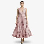 Oldevaine | Pleated Midi Dress V-Neck Sleeveless Floral Print A-Line - optimize