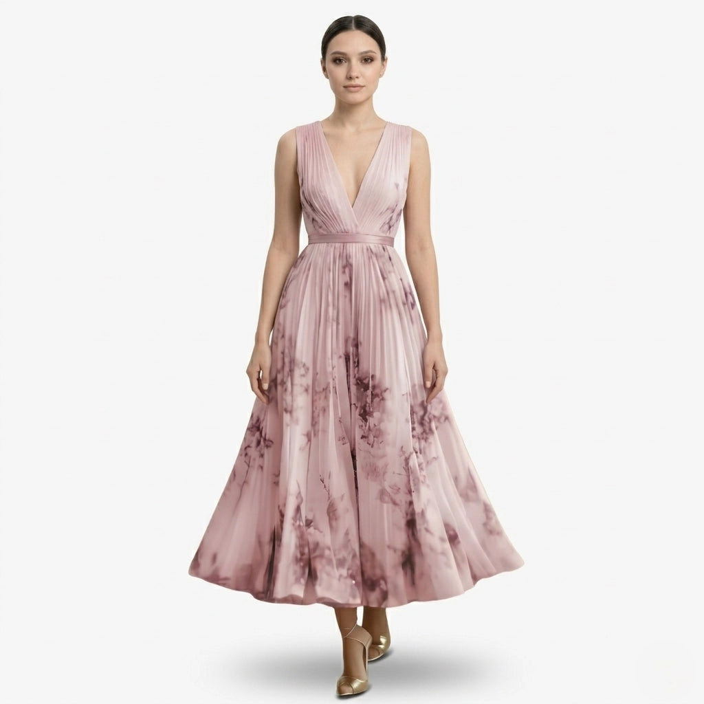 Oldevaine | Pleated Midi Dress V-Neck Sleeveless Floral Print A-Line - optimize